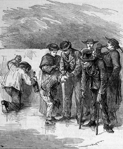 The pilgrims drinking the miraculous water of Lourdes in the High Pyrenees where the Virgin appeared to Bernadette Soubirous in 1858, present place of pilgrimage. Engraving from 1877 by Unknown artist