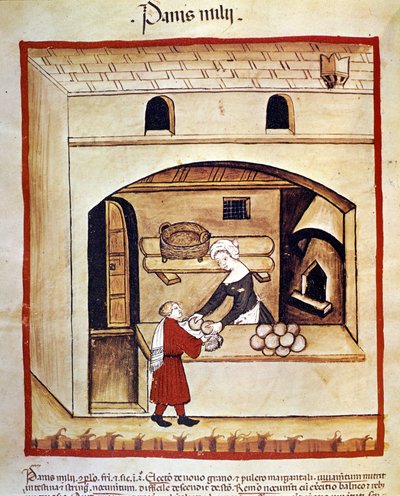 The preparation of bread with millet. Illumination from the milking of medicine and dietetics Tacuinum sanitatis by Unknown artist