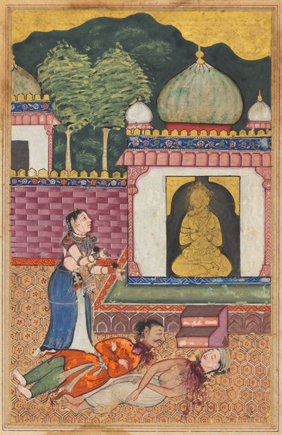 The princess discovers the dead bodies, with heads severed, of her husband and his Brahman friend, from a Tuti-nama (Tales of a Parrot): Thirty-fourth Night by Unknown artist