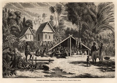 The production of pottery in Saniaboury (Laos). Engraving to illustrate the voyage of exploration in Indochina, by Francis Garnier, lieutenant de Vaissseau, in 1866-1868, published in “Le tour du monde” 1870-1871, edited by Edouard Charton by Unknown artist