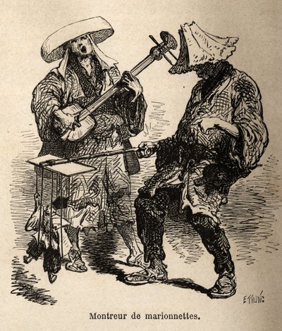 The Puppetry Show and the Musician Who Accompanies Him for Street Entertainment. Engraving to Illustrate the Journey to Japan, by Aime Humbert, Minister of the Swiss Confederation, in 1863-1864, Published in Le Tour du Monde, Nouveau Journal des Voyages by Unknown artist