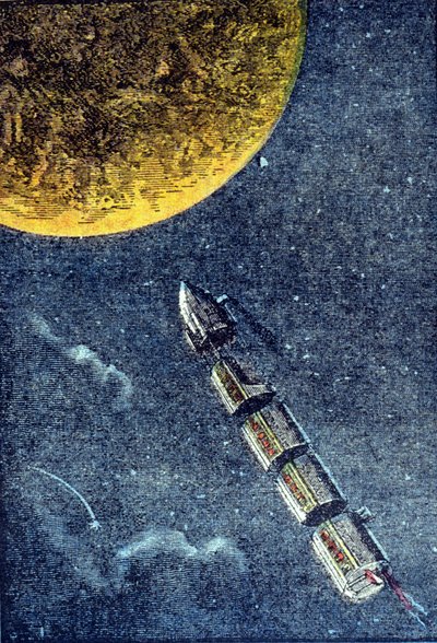 The Rocket Launched into Space Arriving at the Moon - Engraving in “From the Earth to the Moon” by Jules Verne by Unknown artist