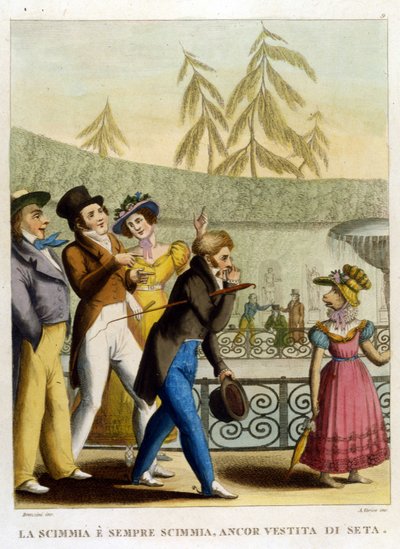 The saying: “A monkey, even clothed in silk, remains a monkey” (The coat does not make the monk). Illustration from a collection of 18th century proverbs by Unknown artist