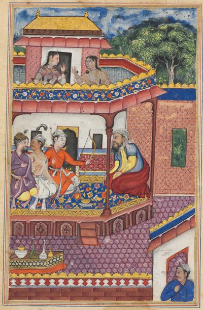 The three young men present themselves as suitors for the hand of Zuhra, the daughter of the merchant of Kabul, from a Tuti-nama (Tales of a Parrot): Thirty-fourth Night by Unknown artist