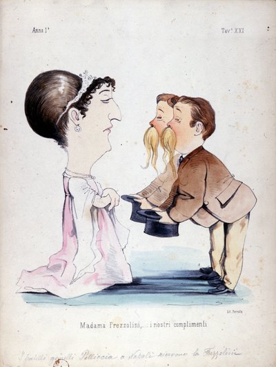 The twin brothers Pelliccia received Erminia Frezzolini, the Italian soprano (1818-1884). Cartoon from the 19th century by Unknown artist