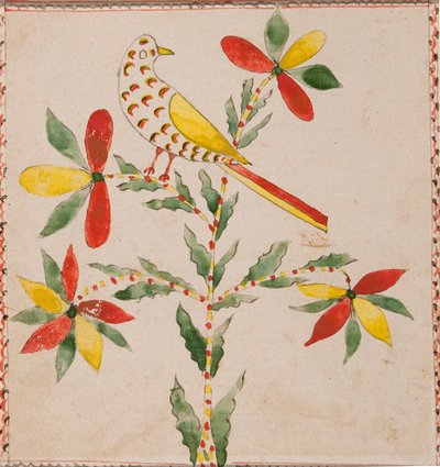 Tiny Yellow and Red Bird on Flowering Twig by Unknown artist