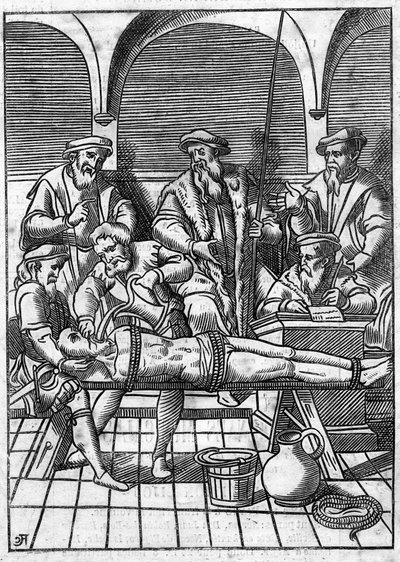 Torture in the Middle Ages: the question of water. Tied by strings, water is poured on a cloth that is pushed to the bottom of his throat. Engraving of the 18th century after an engraving of the Middle Ages by Unknown artist