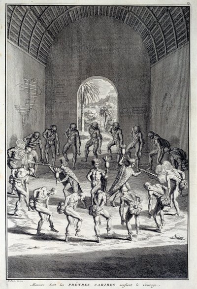 Traditional dance: Rites in the Karibs dance of courage, West Indies (Central America). Engraving of the 18th century by Unknown artist
