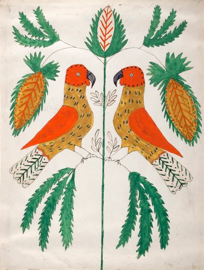 Two Red and Yellow Parrots Facing Each Other by Unknown artist