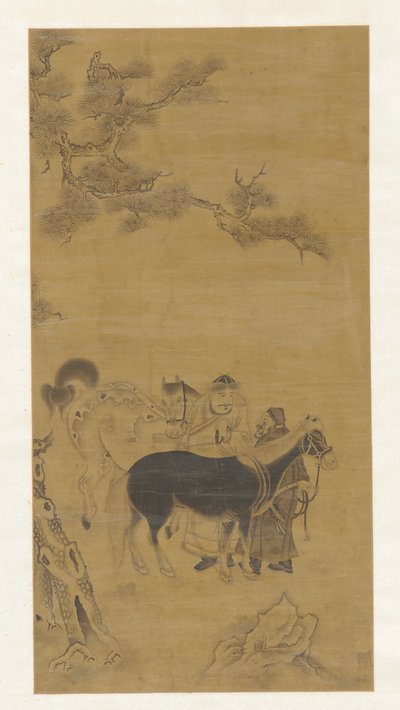 Two Men and Two Horses Under a Pine Tree by Unknown artist