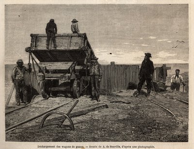 Unloading of guano wagons in the Chincha Islands (Pacific Ocean, near the south-west coast of Peru), whose main interest was the exploitation of guano deposits (used as fertilizer), deposits on granite cliffs serving as a refuge for a wide variety of seabi by Unknown artist