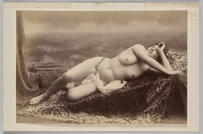 Untitled (Reclining Nude on Carpet Against Painted Backdrop of Waves) by Unknown artist
