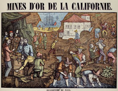 Various Activities of a Gold Mine in California: Search for Nuggets, Weighing, Buying, Leaving the Goods by Unknown artist