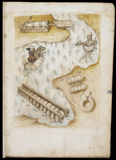 Various systems of buoys and rafts for evolution on water - Manuscript: parchment sheet of an engineer
