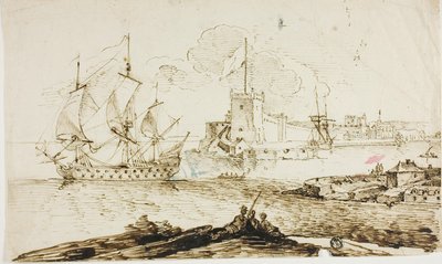 View of Harbor of Fortified Town by Unknown artist