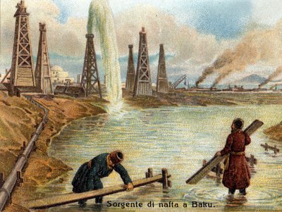 View of oil wells in Baku, Azerbaijan. Chromolithograph of about 1890 by Unknown artist