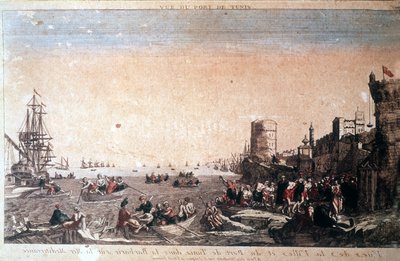 View of the City and Port of Tunis in barbarity on the Mediterranean Sea - Captured pirates arriving at Port de la Goulette in Tunis. Engraving 18th century. by Unknown artist