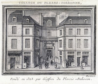 View of the exterior facade of the college of Plessis Sorbonne (Paris), founded in 1323 by Geoffroy of Plessis Balisson used from 1848 to 1849 by the ENA. Engraving preserved at the Musee Carnavalet, Paris. by Unknown artist
