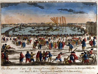 View of the feast given in Florence on the banks of the Arno River by the Grand Duke of Tuscany on the occasion of the wedding of Henry IV with Mary of Medici in 1600. Engraving. by Unknown artist
