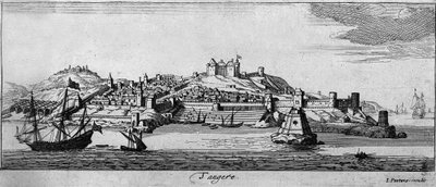View of the fortified city of Tangier and the coast, Morocco. 18th century engraving by Unknown artist