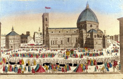 View of the Great Cathedral of Florence (Duomo Santa Maria del Fiore) Realized by Filippo Brunelleschi, on the Day of the Procession of the Holy God. 1790 Approx. by Unknown artist