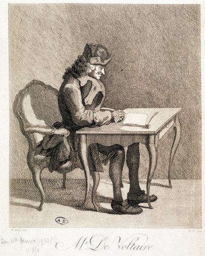 Voltaire at His Work Table - Engraving by Unknown artist