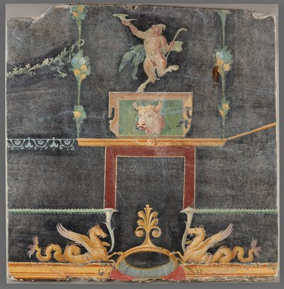 Wall Fragment with Dancing Satyr, Hippocamps, and other Decorative Motifs on Black Ground by Unknown artist