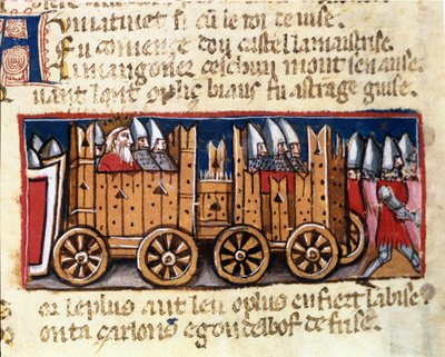 War machines, precursor of the weapon tank, used by Charlemagne against the Moors of Spain - in Entrance of Spain, manuscript of the 14th century. Biblioteca Marciana, Venice by Unknown artist