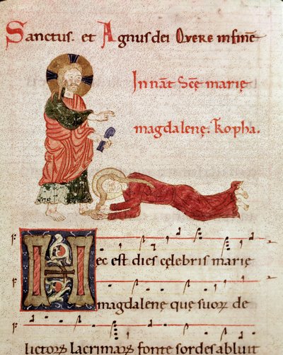 Washing of the Feet: Mary Magdalene leaning on the feet of Christ (Miniature from a gradual antiphonary, 12th century) by Unknown artist