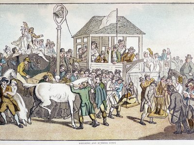 Weighing and washing before a horse race by Unknown artist
