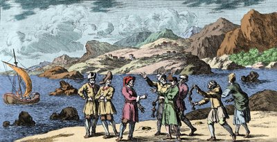 Witchcraft and beliefs: Finnish and Sami provoking a storm by the magic of three knots. Engraving from 