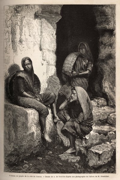 Women of the people of the Concau Coast (or Konkan, northern coast of India). Engraving to illustrate the voyage in the meridional provinces of India, by Alfred Grandidier, in 1862-1864, published in 