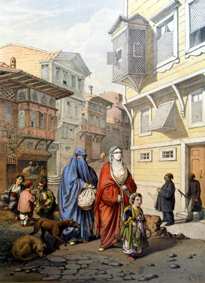 Women veiled in a street of Constantinople - engraving by Unknown artist