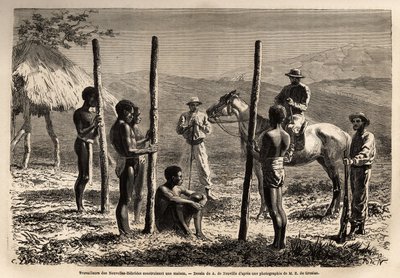 Workers from the New Hebrides (Republic of Vanuatu), Building a House. Engraving to Illustrate the Voyage to New Caledonia by Unknown artist