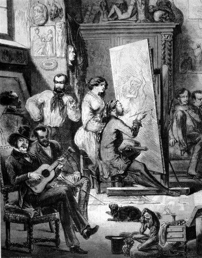 Workshop of a painter in the 19th century. Some play music, others smoke while the painter draws. Engraving of the 19th century by Unknown artist