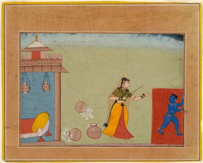 Yashoda Chastises Her Foster Son, the Youthful Krishna, page from a manuscript of the Bhagavata Purana by Unknown artist