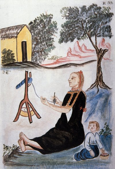 Young Indian woman spinning wool, from the book 
