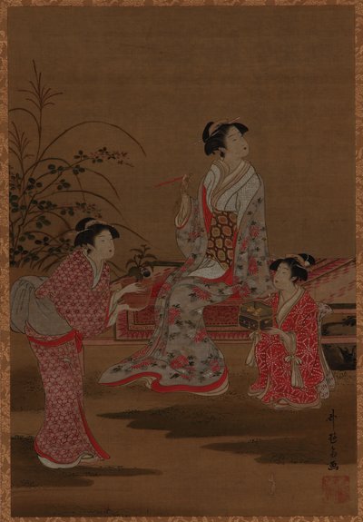 Young Woman with Two Girl Attendants Seated in a Garden by Unknown artist
