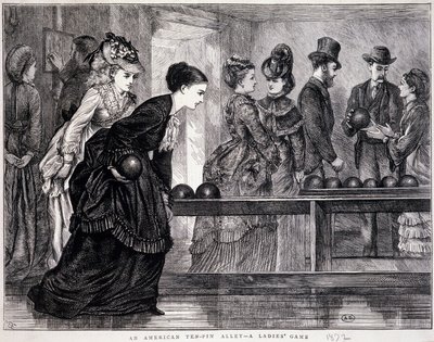 Young women playing bowling, in the United States, circa 1870 - engraving by Unknown artist