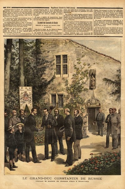 The visit of Constantine Nicolaevich Romanov (1827-1892) Grand Duke of Russia and cousin of Tsar Alexander III (1845-1894), to the house of Joan of Arc in Domremy. Engraving in “Le petit journal” 25/06/1892. Selva