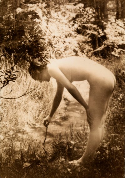 A young woman, nude in the woods, seen in profile as she bends over to put a branch in a stream by Unknown photographer
