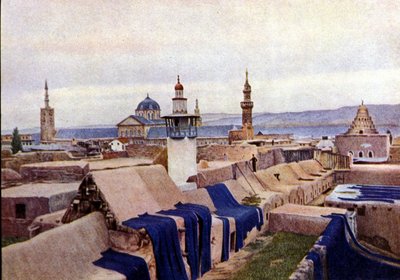 Blue cotton fabrics put to dry on the roofs of dyers in Damascus (Syria). by Unknown photographer