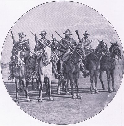 Boers armed with rifles and umbrellas, from After Pretoria: The Guerilla War published by Harmsworth Bros Limited by Unknown photographer