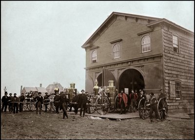 Fire brigade posing in front of the barracks, Alexandria. Virginia, United States. 1863. Photography by Unknown photographer
