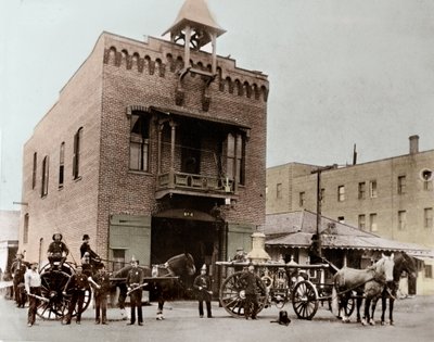 Fire brigade posing outside the barracks, Los Angeles. California, USA. 1887. Photography by Unknown photographer