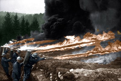 French Soldiers using Flame-Throwers from the Trenches, Chemin des Dames by Unknown photographer