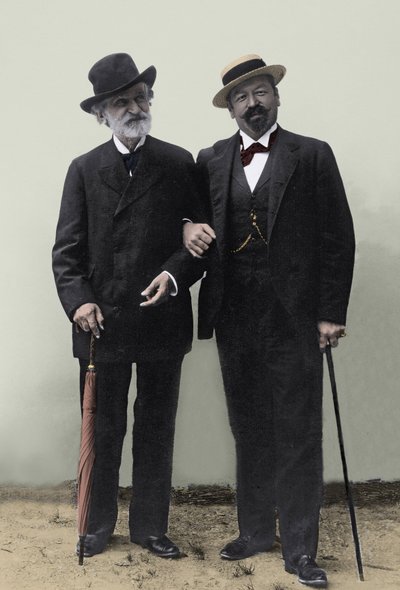 Giuseppe Verdi, Italian composer (1813-1901), and tenor Francesco Tamagno (1850-1905) in Montecatini at the end of the 19th century. by Unknown photographer