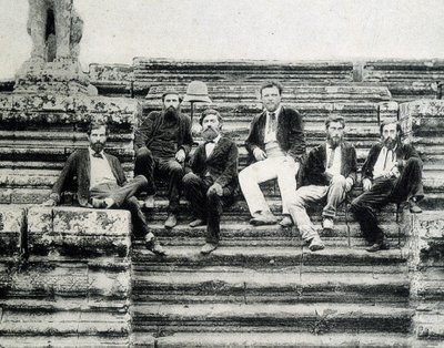 Group Portrait of Members of the Mekong Exploration Expedition 1866-1868 (Garnier, Doudart de Lagrée) on the Steps of Angkor Vat by Unknown photographer