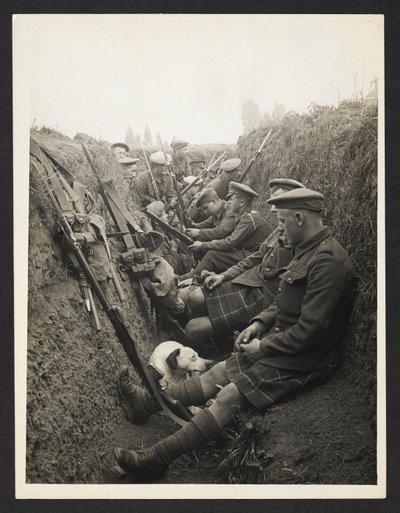 Highland Territorials in a trench [La Gorgue, France]. 5 August 1915. by Unknown photographer