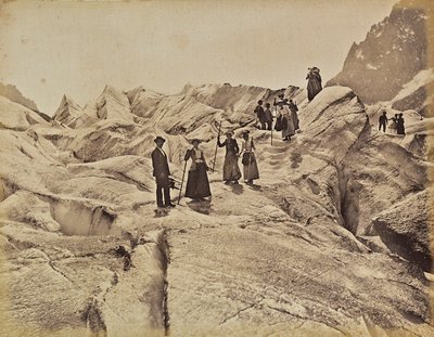 Hikers on the "Mer de Glace" ice on Mont Blanc, Chamonix, France by Unknown photographer